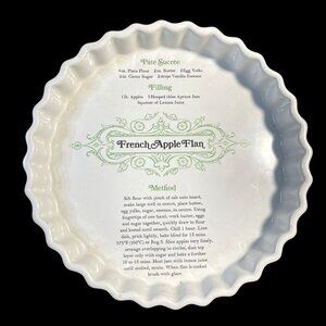 French Apple Flan Pie Dish Recipe Printed Ceramic Baking Plate White Scalloped E